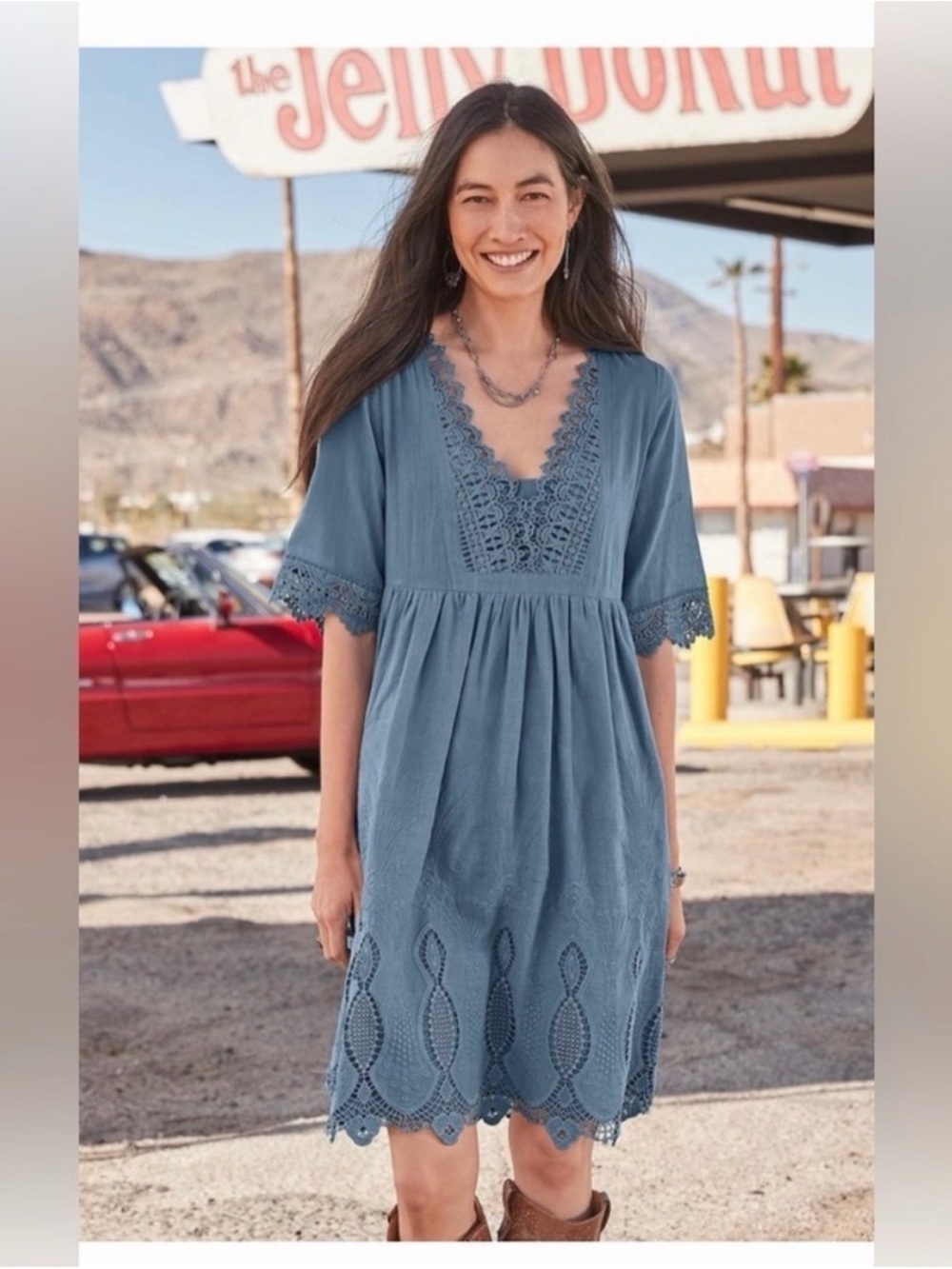 Sundance Dress Nahla Embroidered Eyelet 100% Cotton Blue Cottage